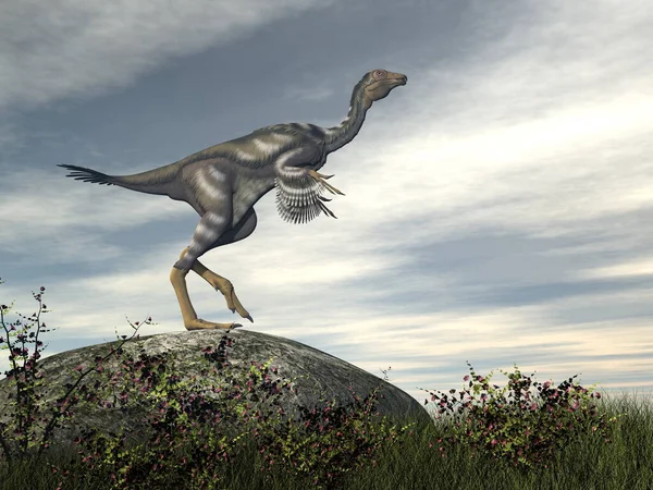 Caudipteryx dinosaurus na skále - 3D vykreslení — Stock fotografie