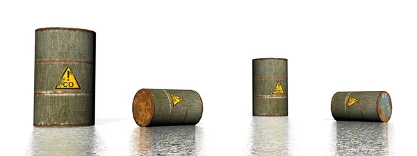 Four grey metallic carbon monoxide barrels - 3D render — Stock fotografie