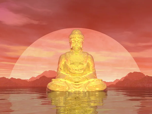 Friedlicher Buddha, der allein vor dem Mond meditiert - 3D-Render — Stockfoto