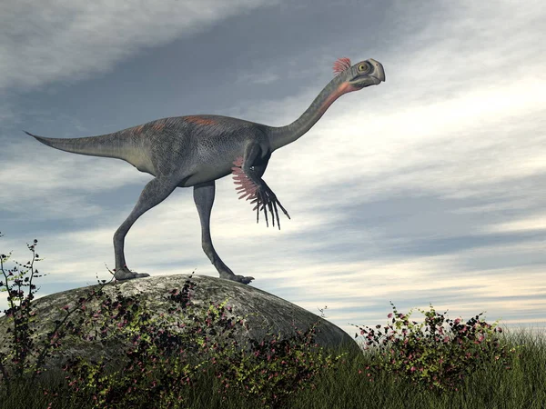 Gigantoraptor dinosaur in the desert - 3D render — Stock Photo, Image