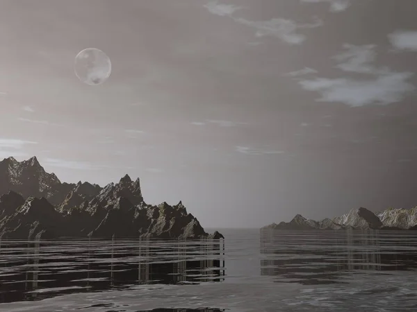 Paisaje Nocturno Fantasía Con Acantilados Luna Nubes Agua Render — Foto de Stock