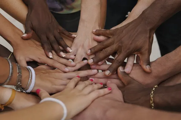 Many hands together: group of joining hands — Stock Photo, Image