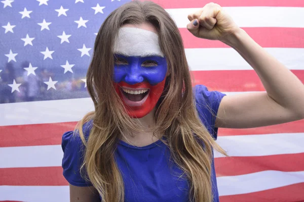 Yelling north american female fan — Stock Photo, Image