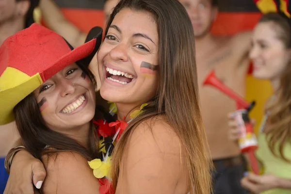 Couple of girlfriends sport soccer fans — Stock Photo, Image