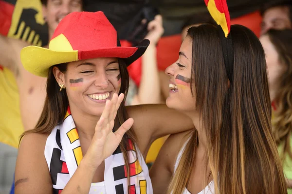 Girlfriends sport soccer fans celebrating — Stock Photo, Image