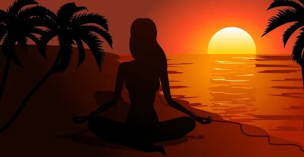 Donna che medita al tramonto — Vettoriale Stock