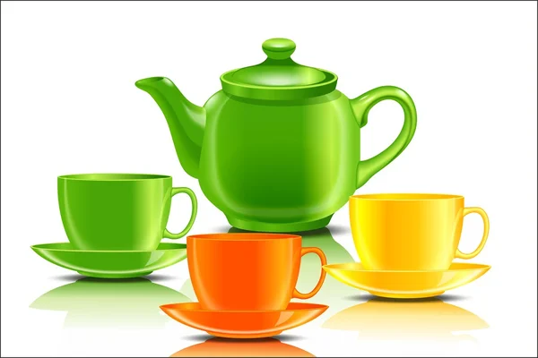 Green teapot with three cups — Stock Vector