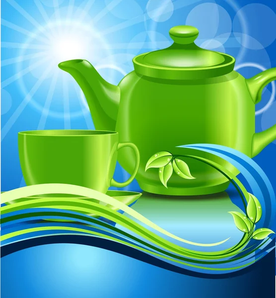 Green teapot with cup and mint — Stock Vector