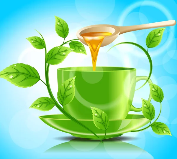 Green cup of tea with honey — Stock Vector