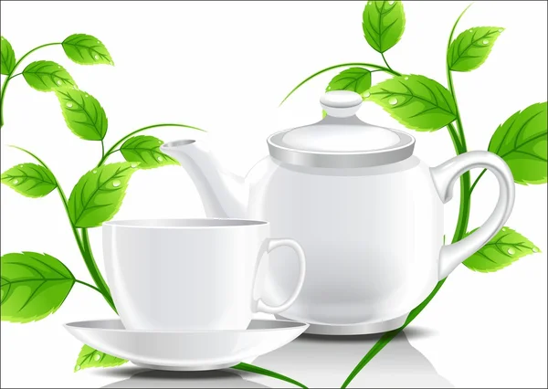 Teapot and cup with mint leafs on white background — Stock Vector