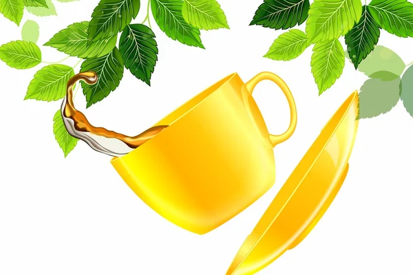 Yellow cup of tea in flight on a background of leaves — Stock Vector