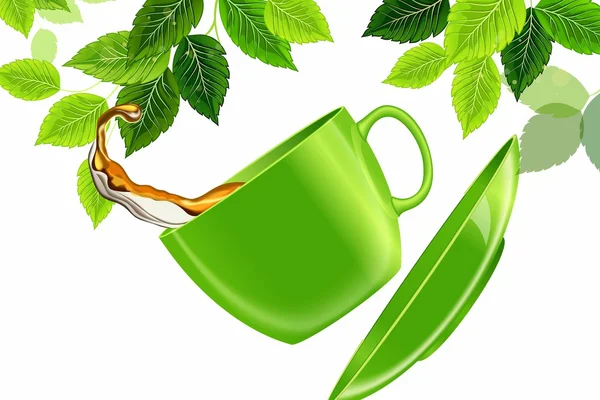 Green tea cup in flight on a background of leaves — Stock Vector