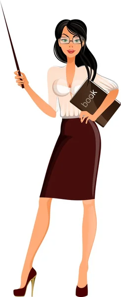 Un profesor con un puntero y un libro, chica vectorial — Vector de stock