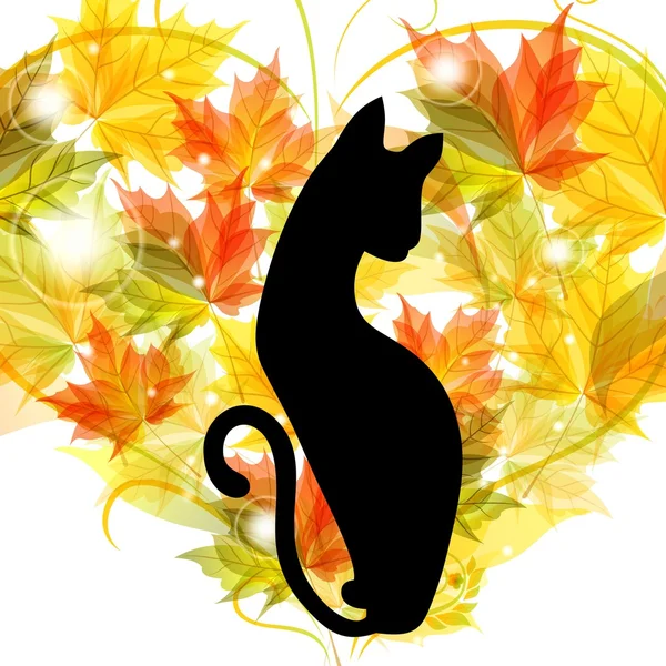 Graceful cat on the background of the heart of autumn leaves — Stock Vector