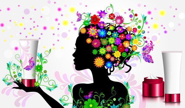 Girl in flowers. Natural cosmetics