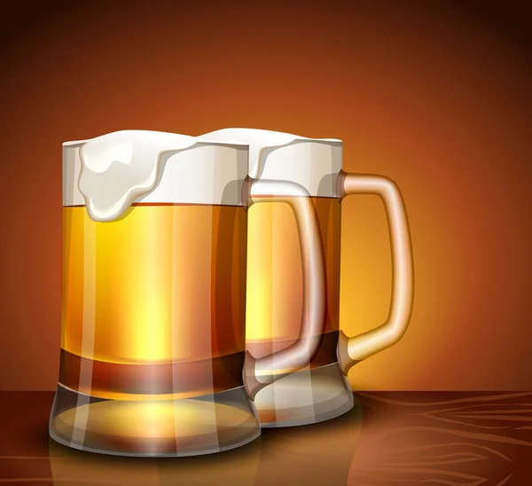 Mugs with foamy beer on a bright background — Stock Vector