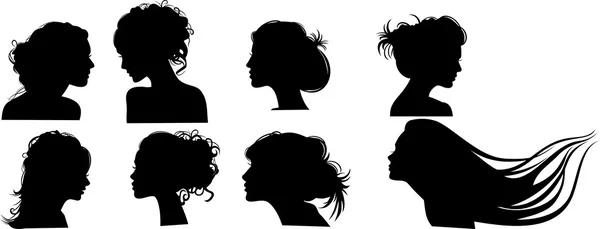 saç modelleri, kızlarla siluetleri vektör
