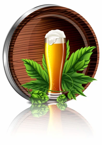 A glass of beer with foam and wooden barrel — Stock Vector