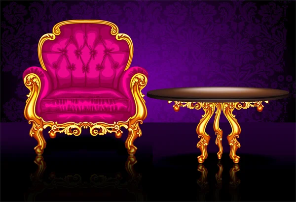 Hermosa mesa y silla sobre un fondo de papel pintado púrpura — Archivo Imágenes Vectoriales
