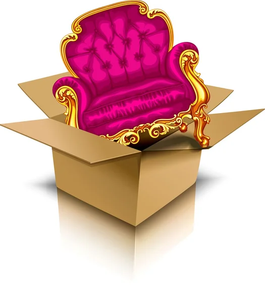 Pink armchair in a cardboard box — Stock Vector