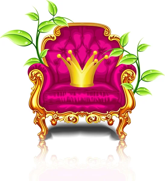 Bright pink armchair with golden crown — Stock Vector