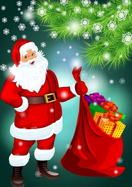 Weihnachtsmann auf grünem Hintergrund mit Weihnachtsbaum — Stockvektor