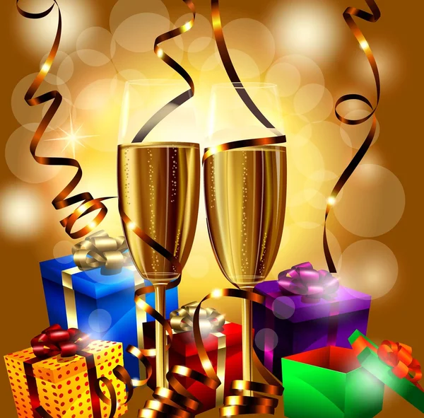 Lunettes de champagne et cadeaux montagne — Image vectorielle