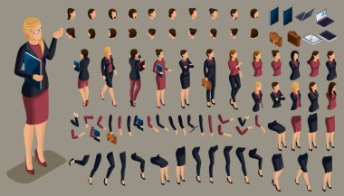 Bir 3d iş Bayan karakter yaratmak için bir kadın, el ve ayak hareketleri büyük izometrik kümesi. İzometrik ofis çalışanı için vektör çizimler oluşturmak