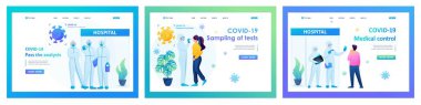 İniş sayfaları koleksiyonu. Salgın sırasında tıbbi personelin çalışması, dur, tehlike, testler için malzeme teslimi. 2B karakterler