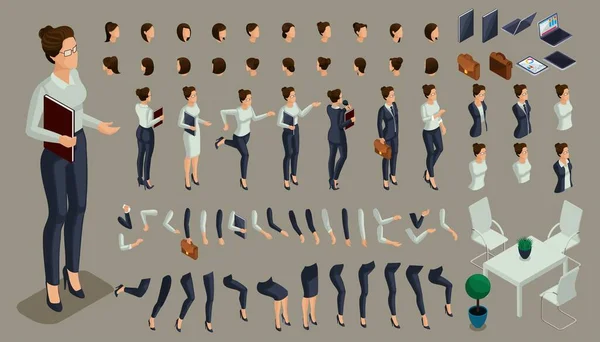 Große isometrische Reihe von Gesten der Hände und Füße einer Frau, um eine 3D-Business-Lady Charakter strengen Anzug zu schaffen. Erstellen Sie Ihre isometrische Person für Vektorillustrationen — Stockvektor