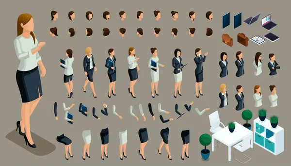 Große isometrische Hand- und Fußgesten einer Frau, um eine 3D-Business-Lady-Figur zu schaffen. Erstellen Sie Ihre isometrische Person für Vektorillustrationen — Stockvektor