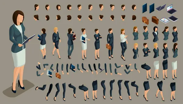 El jestleri ve kadın 3d iş kadını metrelik büyük izometrik kümesi. Vektör çizimler için bir ofis çalışanı için izometrik kendi karakter yaratmak — Stok Vektör