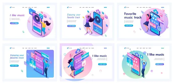 Collection of landing pages. Girls and boys listen to music, enjoy, dance, have fun. I love music. Isometric characters — Stock Vector