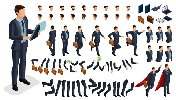 男人的手和脚的手势的集合, 3d 字符商人。创建自己的等距办公室工作人员四处走动或坐在矢量插图 — 图库矢量图片