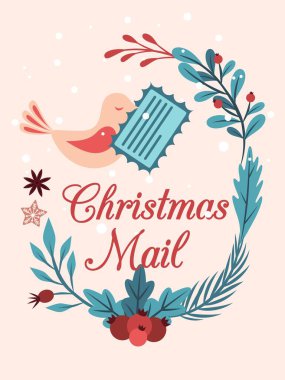 Noel kartı. Mutlu noeller. Çam dalları, ökseotu, kış bitkileri ve çiçeklerle süslenmiş parlak bir kart. Noel postası. Vektör Resimleri İçin