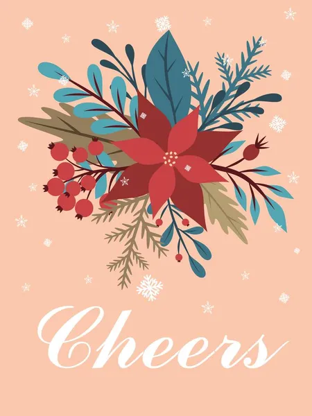 Tarjeta de Navidad. Feliz Navidad. Bright Card Decorado con ramas de pino, muérdago, plantas de invierno y flores. ¡Salud! Para ilustraciones vectoriales — Vector de stock