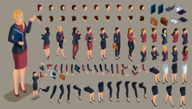 Kendi izometrik ofis çalışanınızı yaratın. 3D iş kadını. Vektör çizimleri için gezinen ya da oturan kişi oluştur