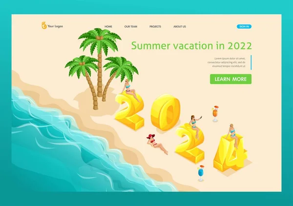 3D isometry, an island in the sea with palm trees, beautiful girls decorate the numbers of 2024. High quality illustration for advertising. Landing Page Concept — Stock Vector