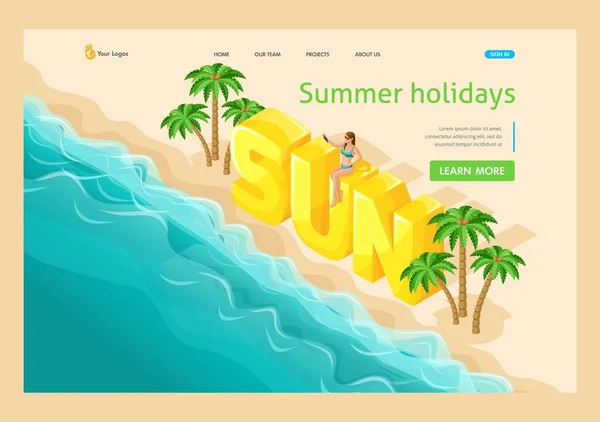 3D isometric, girl sitting on big letters, sun. The girl takes a selfie on the birch of the sea. Advertising concept for a travel agency. Landing Page Concept — Stock Vector