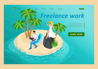 Okyanusun ortasındaki 3D izometrik cennet adası, tropik bir palmiye ağacının altında çalışan serbest bir adam, selfie çeken bir kız. İniş Sayfası Kavramı