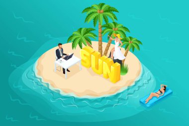 Okyanusun ortasındaki 3D izometrik cennet adası. Erkek bir işadamı palmiye ağacının altında çalışırken diğerleri dinleniyor. Vektör çizimleri için