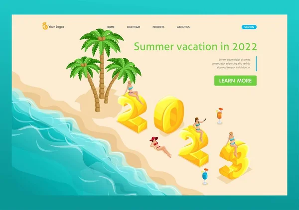 3D isometry, an island in the sea with palm trees, beautiful girls decorate the numbers of 2023. High quality illustration for advertising. Landing Page Concept — Stock Vector