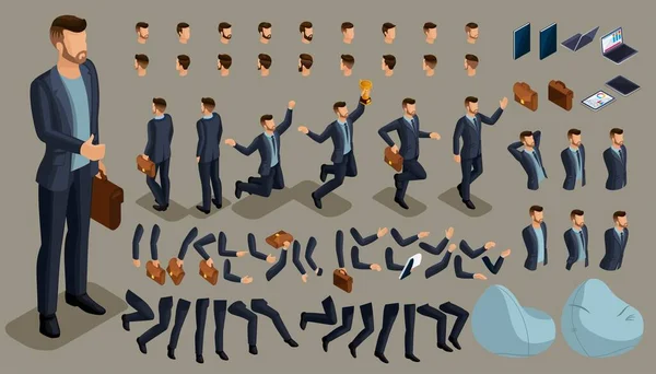 Изометрические мультяшки, 3D набор для создания персонажа офисного работника. Жест всей длины. Создайте свой собственный дизайн для векторных иллюстраций — стоковый вектор