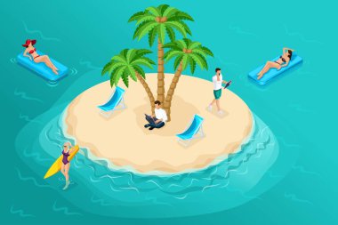 Okyanusun ortasındaki 3D izometrik cennet adası, erkek bir serbest işçi diğerleri dinlenirken tropikal bir palmiye ağacının altında çalışır. Vektör çizimleri için