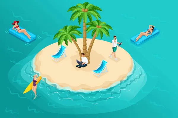 3D ισομετρικός παράδεισος νησί στη μέση του ωκεανού, ένα αρσενικό freelancer εργάζεται κάτω από ένα τροπικό φοίνικα, όταν άλλοι χαλαρώνουν. Για διανυσματικές απεικονίσεις — Διανυσματικό Αρχείο