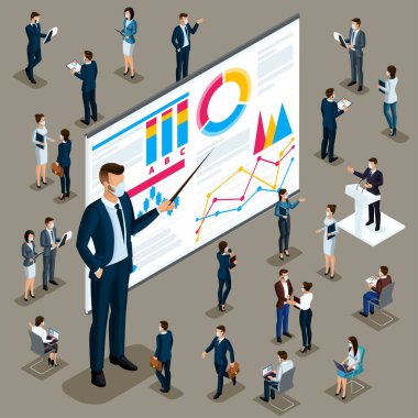 Isometric 3D iş adamı. Büyük adam küçük işçiler ve astlar, eğitim, koçluk. Önden ve arkadan iş adamları. Salgın sırasında maskeli karakterler