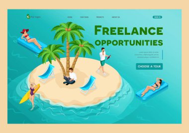 Okyanusun ortasındaki 3D izometrik cennet adası, erkek bir serbest işçi diğerleri dinlenirken tropikal bir palmiye ağacının altında çalışır. İniş Sayfası Kavramı