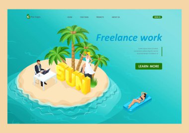 Üç boyutlu izometrik. Herkes dinlenirken, bir palmiye ağacının altında denizde serbest çalışmanın vektör çizimi. İniş Sayfası Kavramı