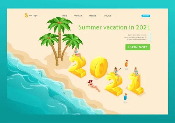 3D isometry, an island in the sea with palm trees, beautiful girls decorate the numbers of 2021. High quality illustration for advertising. Landing Page Concept — Stock Vector