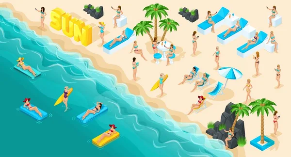 Άνθρωποι διάνυσμα ισομετρική κινουμένων σχεδίων, ορίστε 3d κορίτσι κολύμβησης ταιριάζει παραλία, ηλιοθεραπεία, πέτρες, μεγάλη λέξη ήλιο καλοκαίρι διανυσματικά εικονογράφηση — Διανυσματικό Αρχείο